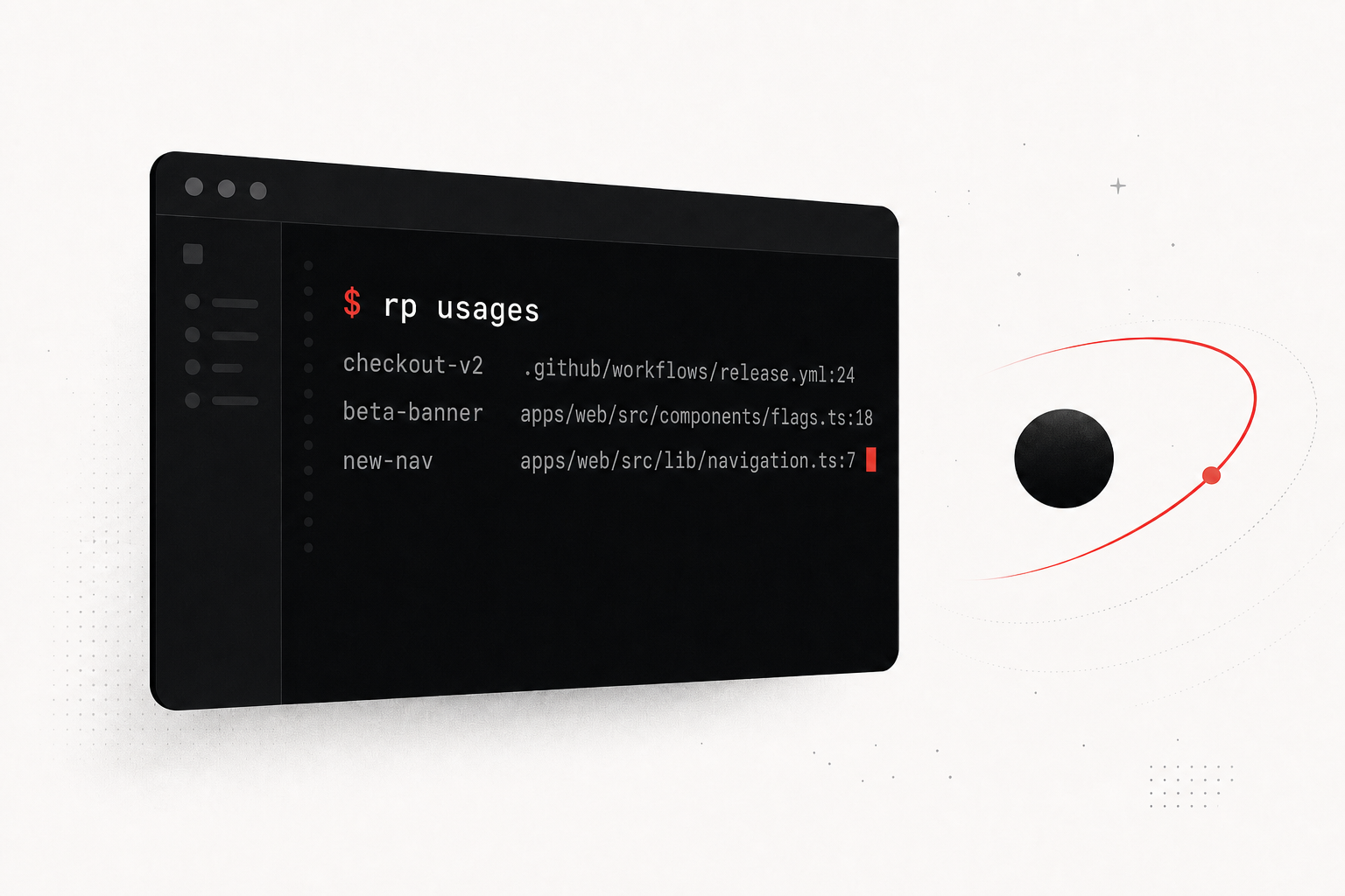 A dark terminal window with a red command prompt cursor, beside the RedPennon orbit mark of a black dot encircled by a red arc.