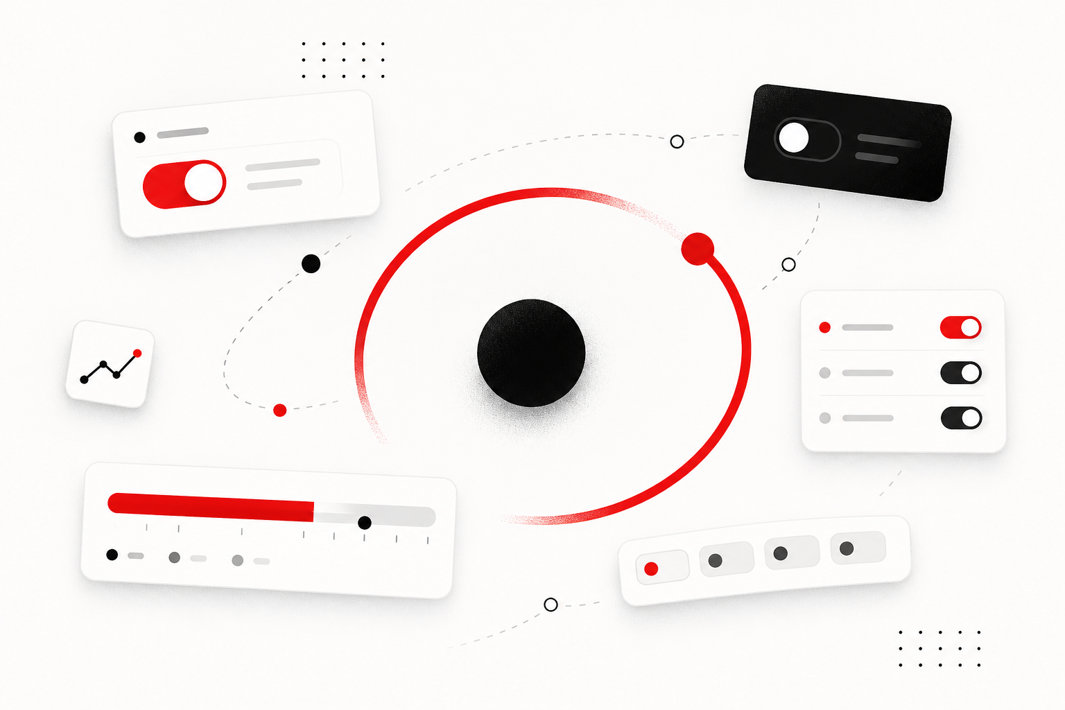 An abstract orbit: a black dot encircled by a red arc, surrounded by floating feature-flag toggles, cards, and a rollout meter.