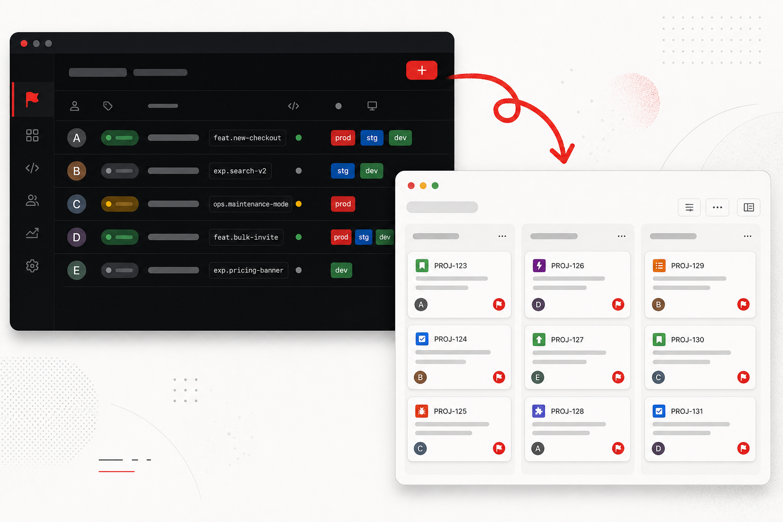 A RedPennon feature-flag card connected by a glowing red sync link to a Jira-style issue ticket.